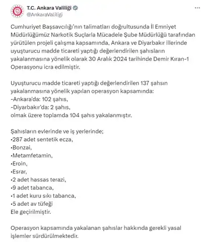 Ankara-Diyarbakır'da Uyuşturucu Operasyonu: 104 Gözaltı
